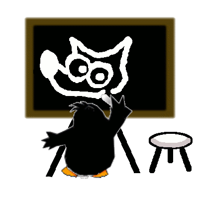 Bild: Pinguin, der mit Kreide das Gimp-Logo an die Tafel malt